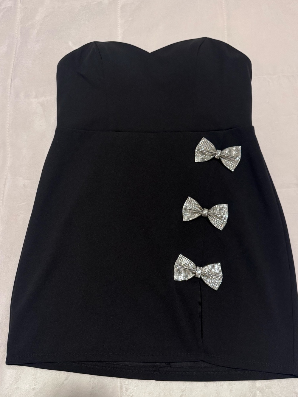 Black Strapless Mini Dress with Rhinestone Bows